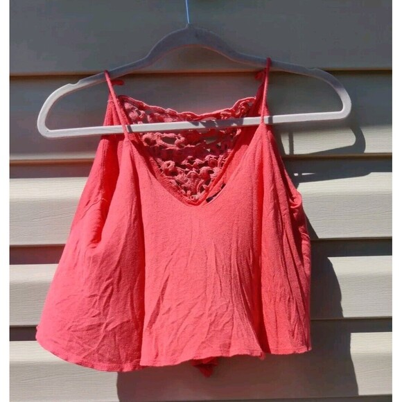Monteau Womens Cropped Tank Spaghetti Strap Top Lace Detail Coral Medium M Top - Picture 5 of 10